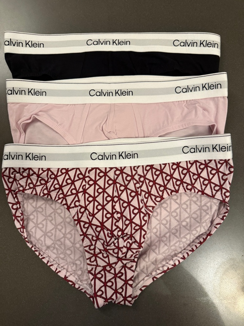 New Calvin Klein Hip Briefs Trio — Black, Light Pink, Burgundy Print. Cotton